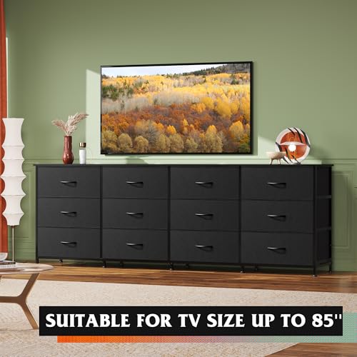 12-Drawer Long TV Stand Dresser for 85 Inch TVs, Black Storage Console