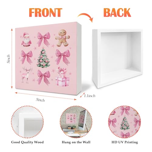 Nvotell Pink Coquette Christmas Sign - 5x5 Inch Wooden Box Decor with Santa, Tree & Bow