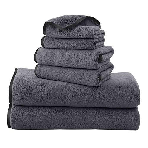 6-Piece Microfiber Towel Set with Silk Hemming, Ultra Absorbent & Quick Dry