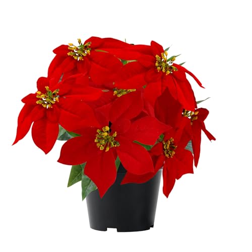 1PC Red Poinsettias Artificial Christmas Flowers, 9 Heads, 14 Inch Faux Plant for Holiday Decor