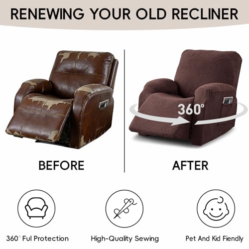 Stretch Geometric Jacquard Recliner Chair Cover - 4-Piece Set, Chocolate, Fits 36-46"