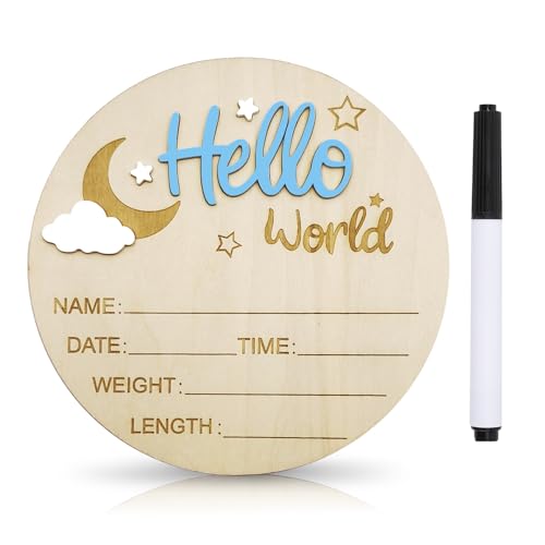 Wooden Baby Birth Announcement Sign with Pen - Moon and Cloud Design