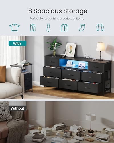 8-Drawer Dresser with LED Lights, Charging Station, and Steel Frame