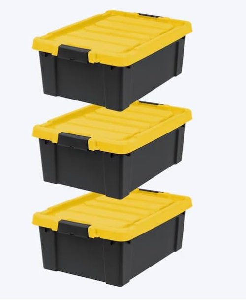 Heavy Duty Storage Tote - 12-Gallon Stackable Bins with Latching Lid | Black 3-Pack