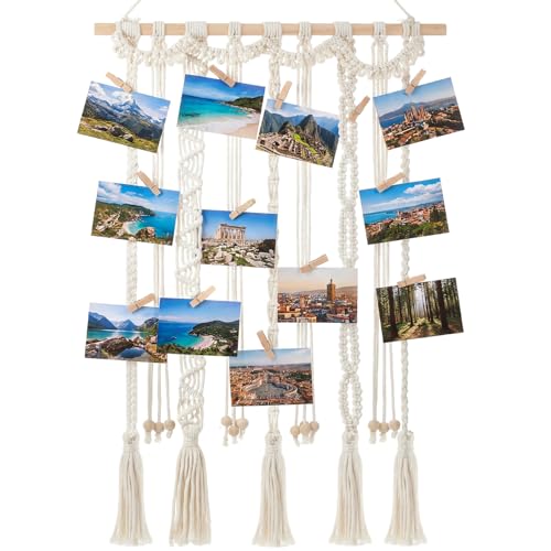 Macrame Hanging Photo Display with 30 Clips, Boho Wall Art Decor