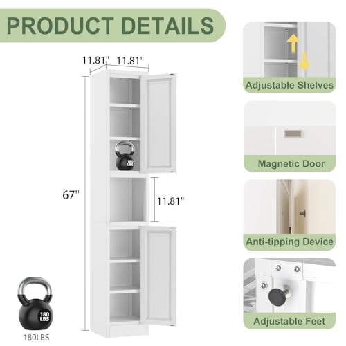 67" Tall Slim Metal Bathroom Storage Cabinet, Narrow Freestanding Cupboard