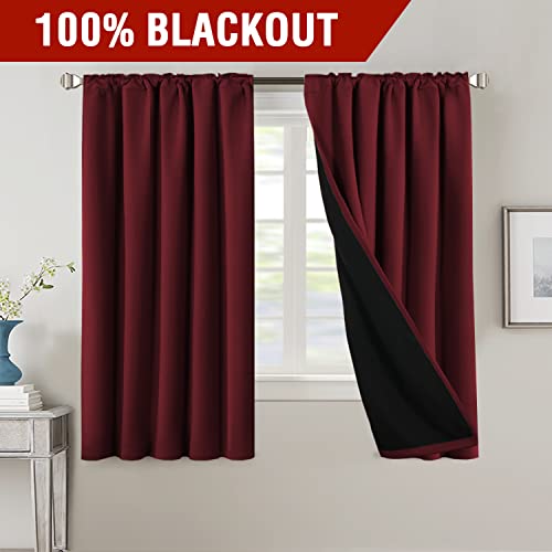 100% Blackout Curtains - Burgundy Red Thermal Drapes, 63" Long, 2 Panels