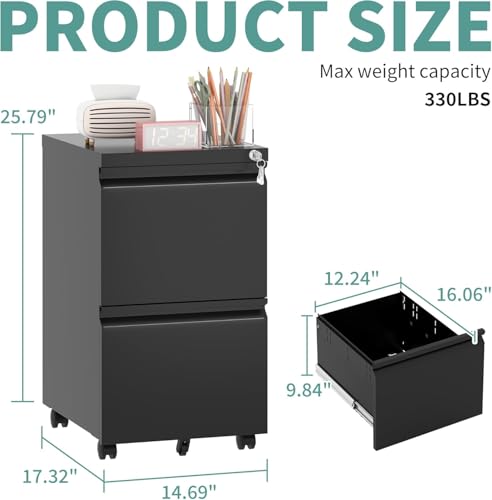 2-Drawer Locking File Cabinet, Heavy-Duty Metal Rolling Office Storage