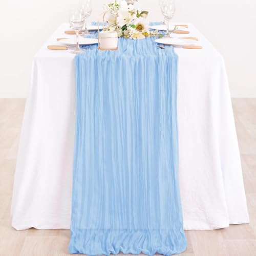 Light Blue Cheesecloth Table Runner, 35x120 Inch Boho Gauze Table Decor