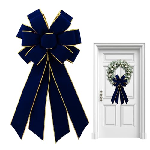 Vickasi Christmas Wreath Bowknot Navy Blue Velvet with Gold Edge - 11" x 21" Front Door Holiday Decor (Variation C)