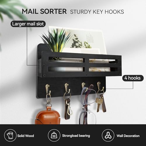 Rustic Wood Wall-Mounted Key and Mail Holder with 4 Hooks
