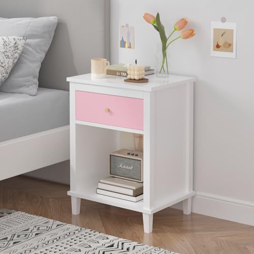 Kids Nightstand with Drawer and Storage Shelf, 2-Tier Wooden Bedside Table