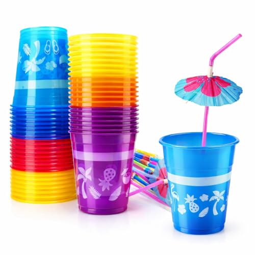 48-Pack Tropical Party Cups with Parasol Straws - 16oz Disposable Luau Drinkware