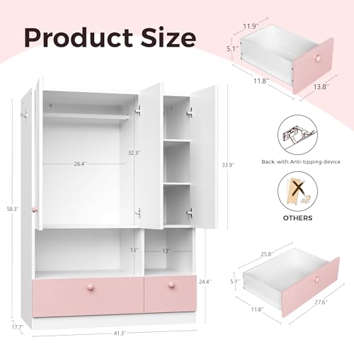3-Door Wooden Wardrobe Armoire with Hanging Rod, Drawers and Shelves