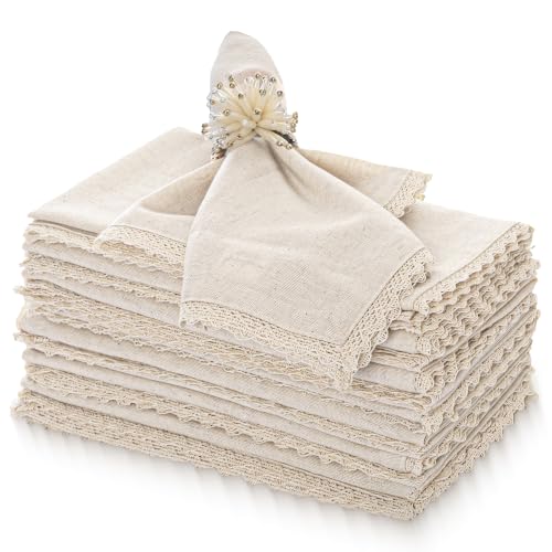 Ivory Lace Cloth Napkins 20x20 Inch - 12 Pack Cotton Linen Blend