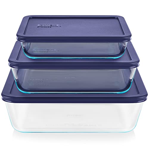 Pyrex Simply Store (3-Pack) Rectangular Glass Food Storage Containers Set, (3, 6 & 11 Cup) Meal Prep Containers With BPA-Free Lids, Dishwasher & Microwave Safe