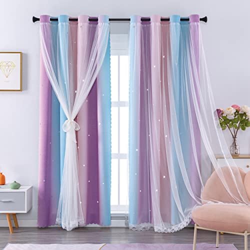 Blackout Star Curtains for Kids Bedroom - Pink & Purple 63-Inch Drapes