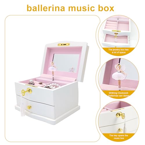 Wooden Musical Jewelry Box with Spinning Ballerina, Mirror and 2 Drawers
