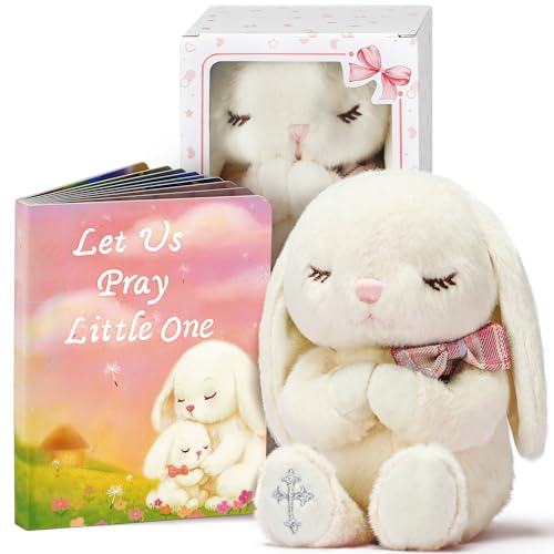 Baby Girl Baptism Gift Set - 7" Praying Bunny Plush & Prayer Book Box Set