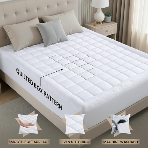 Queen Mattress Pad with Pillow Top, Quilted Fitted Protector - 60x80 in