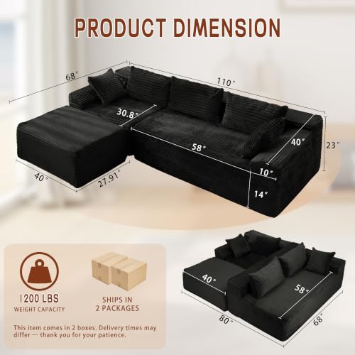 110-Inch Modular Sectional Sofa with Chaise, Deep-Seat Corduroy Couch