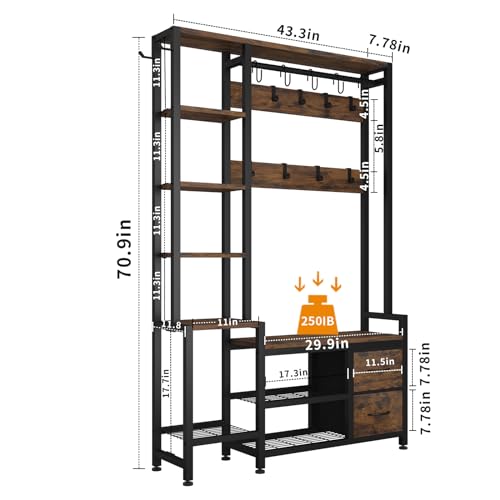 43" Industrial Hall Tree with Shoe Bench, Coat Rack, and Storage Drawers