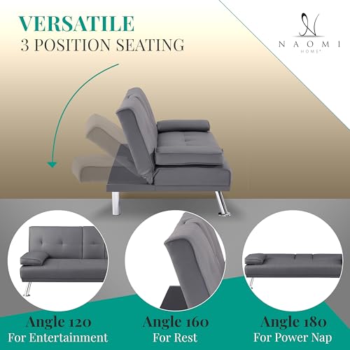 Convertible Faux Leather Futon Sofa Bed with Cupholders and Armrests