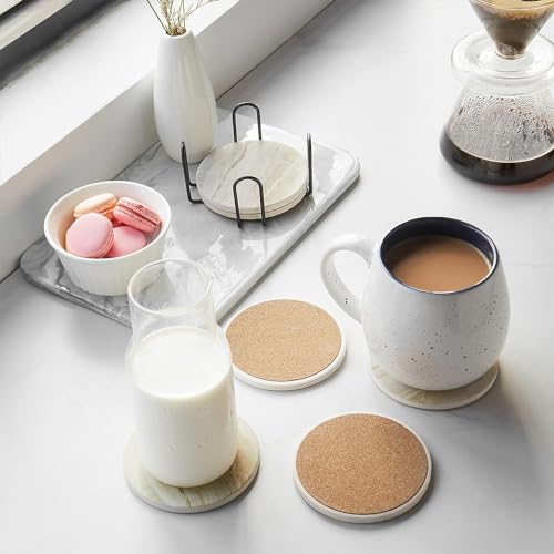 Absorbent Ceramic Drink Coasters Set with Holder - 4-Inch Non-Slip Cork Base