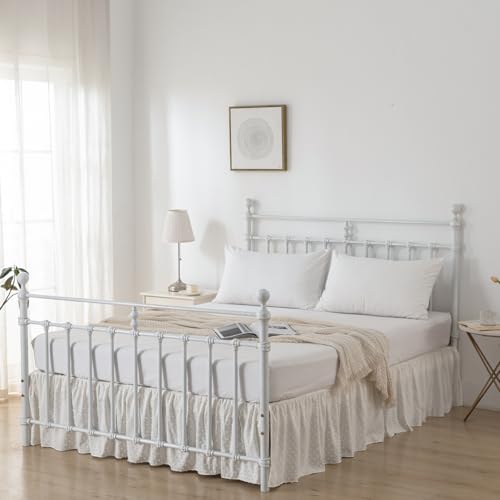 Tufted Dot Queen Bed Skirt - 12 Inch Drop Ruffled Dust Ruffle, Ivory