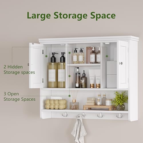 3-Tier Wall Mounted Bathroom Cabinet with Doors and Hooks, White Storage Shelf