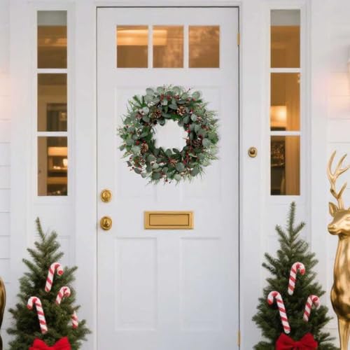 24-Inch Christmas Wreath with Red Berries, Pine Cones, and Eucalyptus Leaves