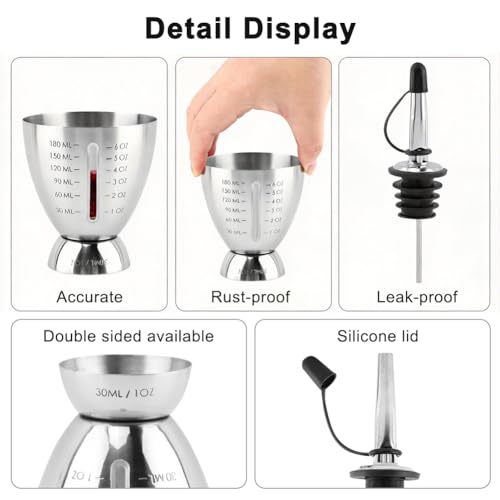 Melunira Silver Graduated Cocktail Jigger 1-6 oz with Drip-Free Spout, Heavy Duty Stainless Steel