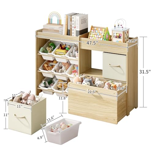 Solid Pine Kids Toy Storage Organizer with 9 Bins, 2 Drawers and Toy Chest