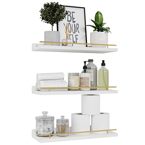 Set of 3 Floating Shelves with Gold Metal Guardrail, White Wood Wall Shelves