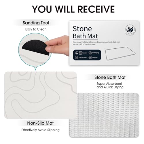 ZIKIBL Stone Bath Mat, Quick Dry Diatomaceous Earth Shower Mat White