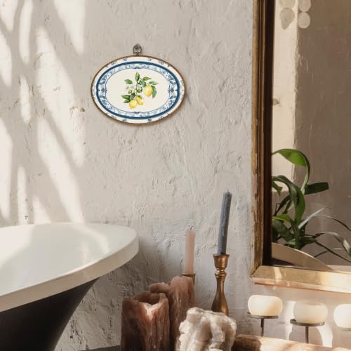 Chinoiserie Lemon Oval Wall Art, Framed Blue and White Floral Canvas Decor