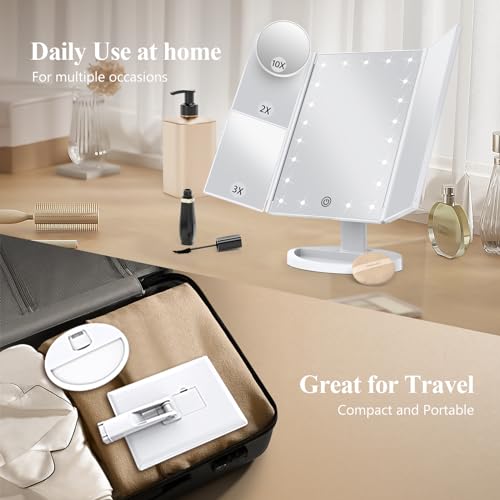 HUONUL 2X/3X/10X Magnifying Vanity Mirror with Light, Trifold Makeup