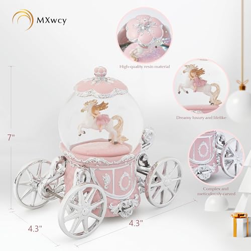Unicorn Princess Carriage 7" Snow Globe Music Box - Pink LED Light Up Globe, La Vie en Rose