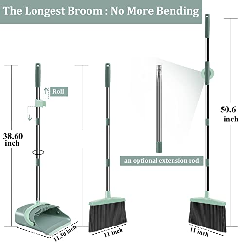 Upright Broom and Dustpan Set with Long Adjustable Handle - Gray & Green
