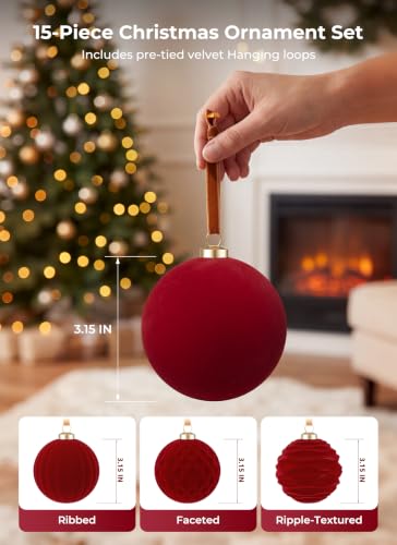 Minetom Burgundy Velvet Christmas Ornaments 15 Pcs – 3.15 inch assorted shapes