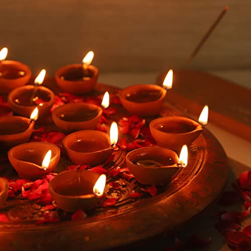 Handmade Terracotta Clay Diyas with Cotton Wicks (24 Pcs) - Diwali Pooja Lamps