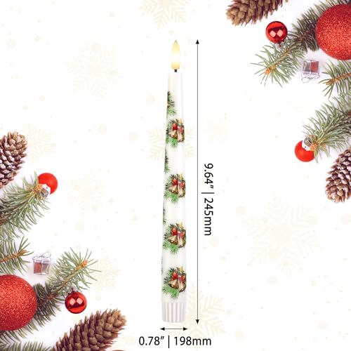 White Christmas Pine Flameless Taper Candles with Pine Leaves, Cones & Bells - Holiday Decor