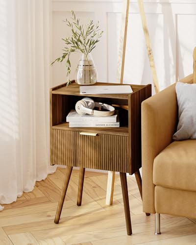 Modern Bedside Table Nightstand with Drawer and Open Shelf - Walnut Brown