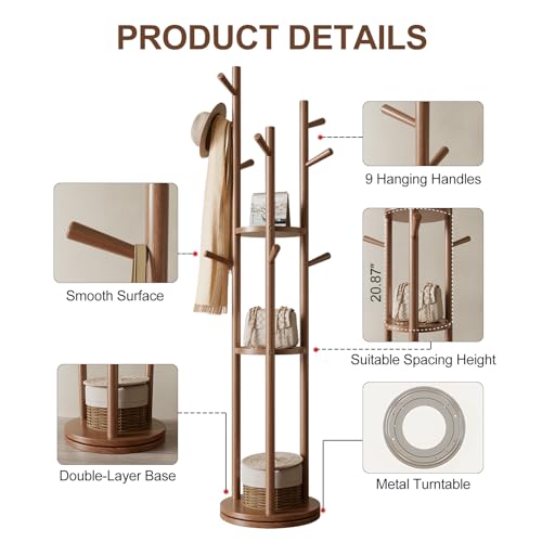 Solid Wood Rotating Coat Rack with 3 Shelves and 9 Hooks, Walnut
