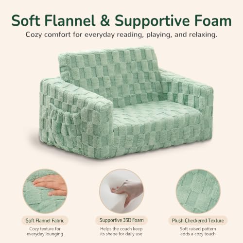 2-in-1 Fold-Out Toddler Couch and Lounger, Soft Flannel Kids Sofa - Green