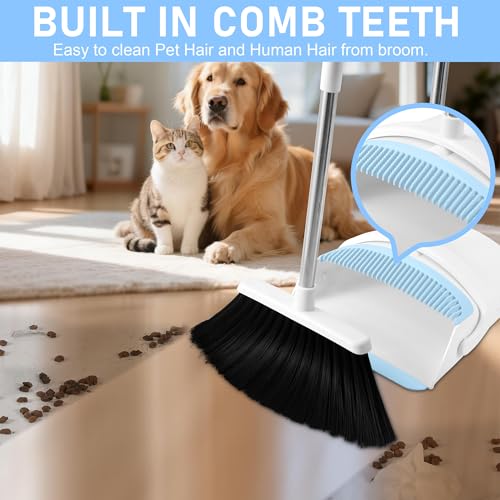 Broom and Dustpan Set with Comb Teeth & Adjustable Long Handle