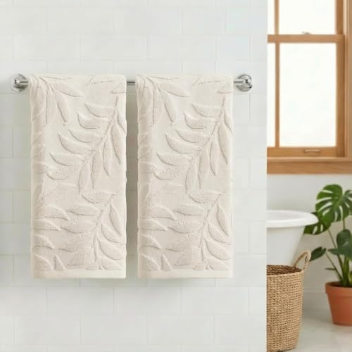 3D Leaves Jacquard Hand Towels - 100% Cotton Soft Absorbent, 2-Piece Set