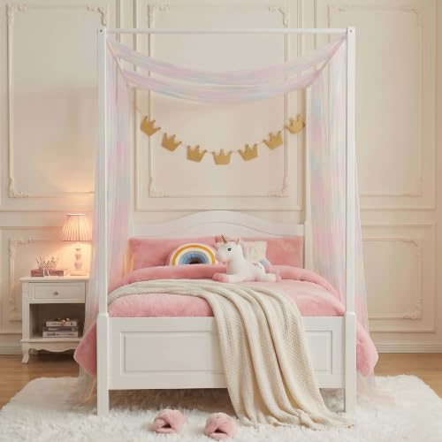 Rainbow Tie-Dye Bed Canopy for Kids with Lights, Sheer Tulle Curtains