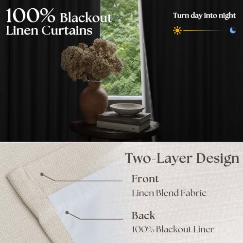 100% Blackout Pinch Pleated Linen Curtains - 90 Inch, 2 Panels, Cream
