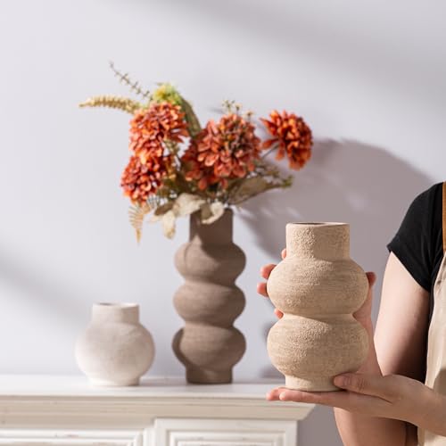 Modern Farmhouse Ceramic Flower Vase Set of 3 - Decorative Table Centerpiece